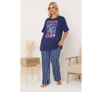 Yours Curve Blue 'Pasta Club' Wide Leg Striped Pyjama Set - Women's - Plus Size Curve