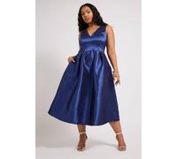 Yours London Curve Blue Pleated V-Neck Midi Prom Dress - Women's - Plus Size Curve
