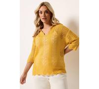 Yours Pointelle Collared Knitted Top In Mustard Mustard