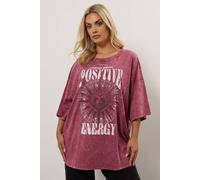 Yours Curve Acid Wash 'Positive Energy' Oversized T-Shirt - Women's - Plus Size Curve Pink