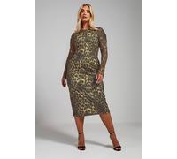 Yours Printed Ruched Sleeve Midi Dress In Brown Brown 30-32