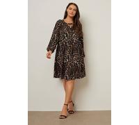 Yours Printed Textured Tie Neck Dress In Brown Brown 18