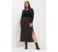 Yours Curve Rose Print Textured Midi Skirt - Women's - Plus Size Curve Black
