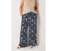 Yours Seashell Print Crinkle Wide Leg Trousers In Dark Blue Dark Blue