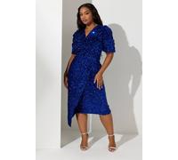 Yours Sequin Velvet Wrap Dress In Blue Blue 26-28