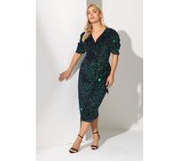 Yours Sequin Velvet Wrap Dress In Dark Green Dark Green 24