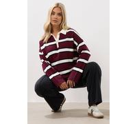 Yours Stripe Rugby Collar Jumper In Dark Red Dark Red 22-24