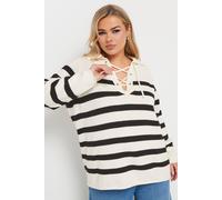 Yours Curve Stripe Tie Neck Jumper - Women's - Plus Size Curve White