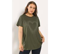 Yours Women's Studded Heart T-Shirt in Dark Olive | Size: 20 Yours Dark Olive 20
