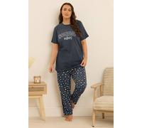 Yours Curve Blue 'Sunday Vibes' Slogan Print Wide Leg Pyjama Set - Women's - Plus Size Curve