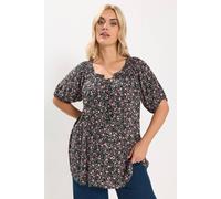 Yours Textured Ditsy Floral Print Top In Black Black 34-36