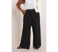 Yours Curve Tie Waist Crinkle Wide Leg Trousers - Women's - Plus Size Curve Black