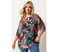 Yours Curve Black Tropical Print Keyhole Detail Top - Women's - Plus Size Curve