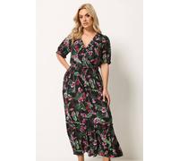 Yours Tropical Shirred Maxi Dress In Black Black