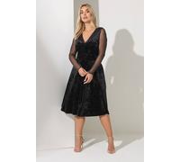 Yours Velvet Mesh Sleeve Skater Dress In Black Black 26-28
