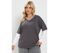 Yours Women's 2-In-1 Varsity Top in Grey | Size: 18