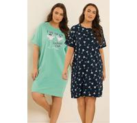 Yours 2 Pack Curve Cocktail Print Sleep Tee Nightdresses - Women's - Plus Size Curve Green