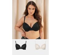 Yours Women's 2 Pack Floral Lace Embroidered Padded Bras in Black | Size: 48F Yours Black 48F