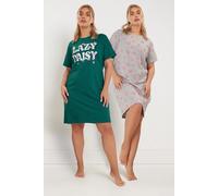 Yours Curve 2 Pack 'Lazy Daisy' Slogan Printed Nightdresses - Women's - Plus Size Curve Green