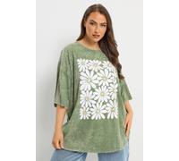 Yours Curve Acid Wash Boxy Daisy Print T-Shirt - Women's - Plus Size Curve Green