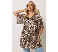 Yours Women's Animal Print Mesh Sleeve Top in Brown | Size: 22/24