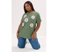 Yours Women's Applique Daisy T-Shirt in Green | Size: 14