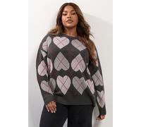 Yours Curve Grey Argyle Heart Knit Jumper - Women's - Plus Size Curve