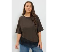 Yours Women's Asymmetric Lace Hem Cotton T-Shirt in Chocolate | Size: 22/24
