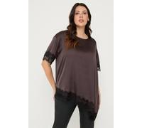 Yours Women's Asymmetric Lace Hem Top in Chocolate | Size: 26/28