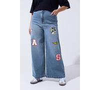 Yours Limited Collection Curve Blue Badge Applique Wide Leg Jeans - Women's - Plus Size Curve
