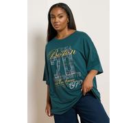 Yours Curve Check 'Boston 70' Relaxed Graphic T-Shirt - Women's - Plus Size Curve Green