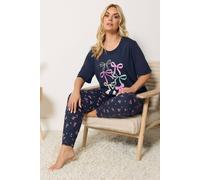 Yours Women's Bow Print Short Sleeve Pyjama Set in Dark Navy | Size: 18/20