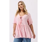 Yours Curve Pink Broderie Anglaise Tie Front Peplum Top - Women's - Plus Size Curve
