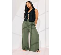 Yours Curve Green Chambray Tie Front Wide Leg Trousers - Women's - Plus Size Curve