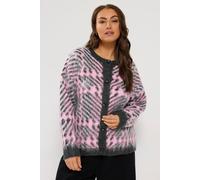 Yours Women's Check Crew Neck Cardigan Sweater in Pink | Size: 18/20