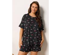 Yours Women's Cherry & Bows Soft Touch Short Pyjama Set in Black | Size: 22-24 Yours Black 22-24