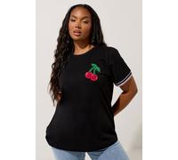 Yours Women's Cherry Varsity Trim T-Shirt in Black | Size: 22-24 Yours Black 22-24
