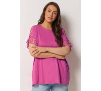 Yours Women's Crochet Sleeve Boxy T-Shirt in Bright Pink | Size: 26-28 Yours Bright Pink 26-28
