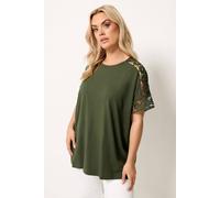 Yours Curve Khaki Green Crochet Sleeve Boxy T-Shirt - Women's - Plus Size Curve