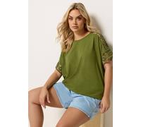 Yours Women's Crochet Sleeve T-Shirt in Olive | Size: 22-24 Yours Olive 22-24