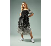 Yours Curve Daisy Print Shirred Midi Dress - Women's - Plus Size Curve Black