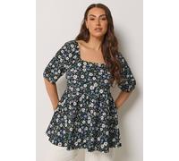Yours Women's Ditsy Floral Peplum Top in Black | Size: 14 Yours Black 14