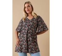 Yours Curve Ditsy Floral Print Pleat Front Top - Women's - Plus Size Curve Black