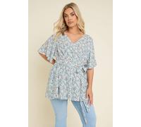 Yours Women's Ditsy Floral Print Wrap Top in Light Blue | Size: 22-24 Yours Light Blue 22-24
