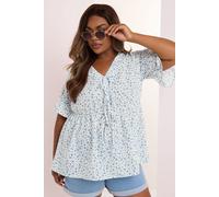 Yours Curve Ditsy Floral Tie Front Peplum Top - Women's - Plus Size Curve Light Blue