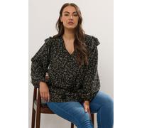 Yours Curve Ditsy Leaf Print Frill Top - Women's - Plus Size Curve Black