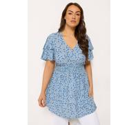 Yours Curve Ditsy Floral Flutter Sleeve Top - Women's - Plus Size Curve Blue