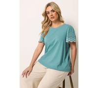 Yours Women's Embroidered Sleeve T-Shirt in Light Blue | Size: 22/24