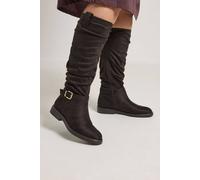 Yours Women's Faux Suede Buckle Detail Knee High Boots In Extra Wide E Fit in Brown | Size: 7E