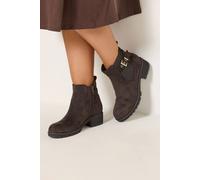 Yours - Chocolate Faux Suede Buckle Stretch Ankle Boots In Wide E Fit - Women's